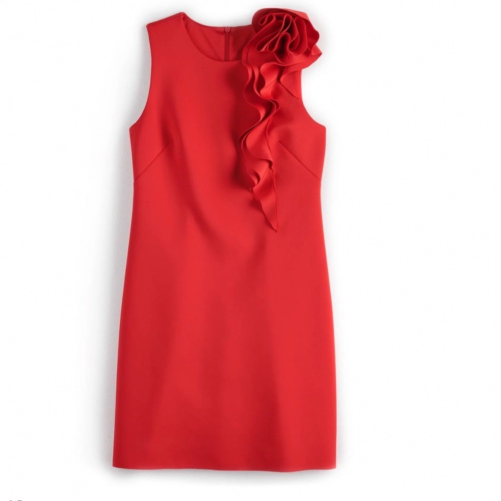JW Jason Wu Red Sleeveless Sheath Dress with Floral‎ Ruffle Detail Size L 0394